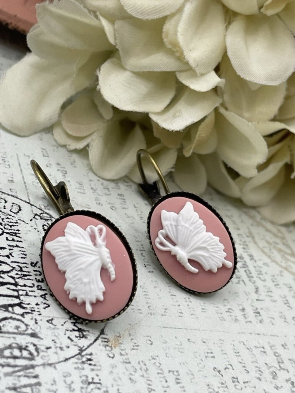 Pink & white Bronze Butterfly Earrings Wedding Birthday Anniversary Wife Cameo